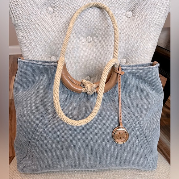Michael Kors Blue Canvas Woven Ring Handle Isla Tote EUC - Picture 1 of 12